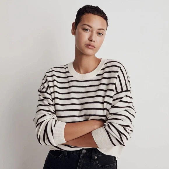 Madewell Responsible Striped Black and White Cashmere Sweater - Picture 1 of 5